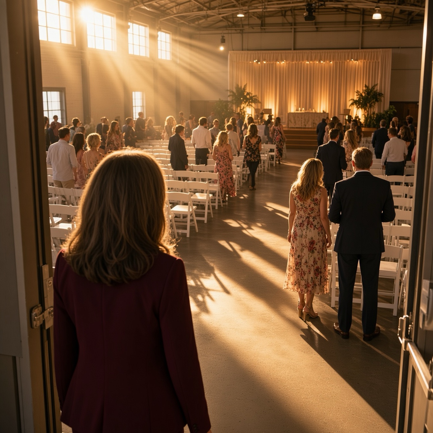 The fairground hall at doors, golden light through the high windows
